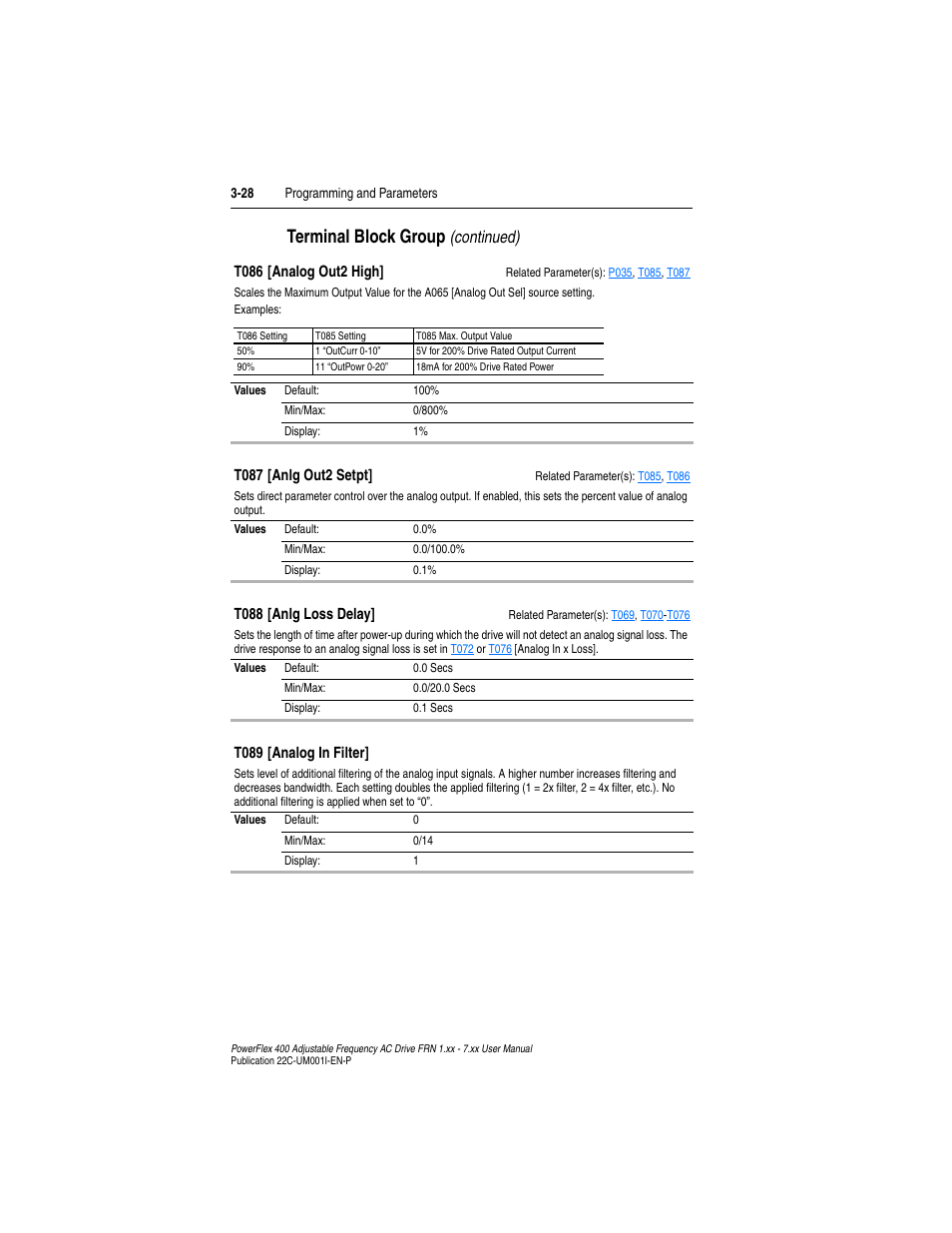 T086, T087, Terminal block group | Continued) | Rockwell Automation 22C PowerFlex 400 AC Drive FRN 1.xx - 7.xx User Manual | Page 86 / 218
