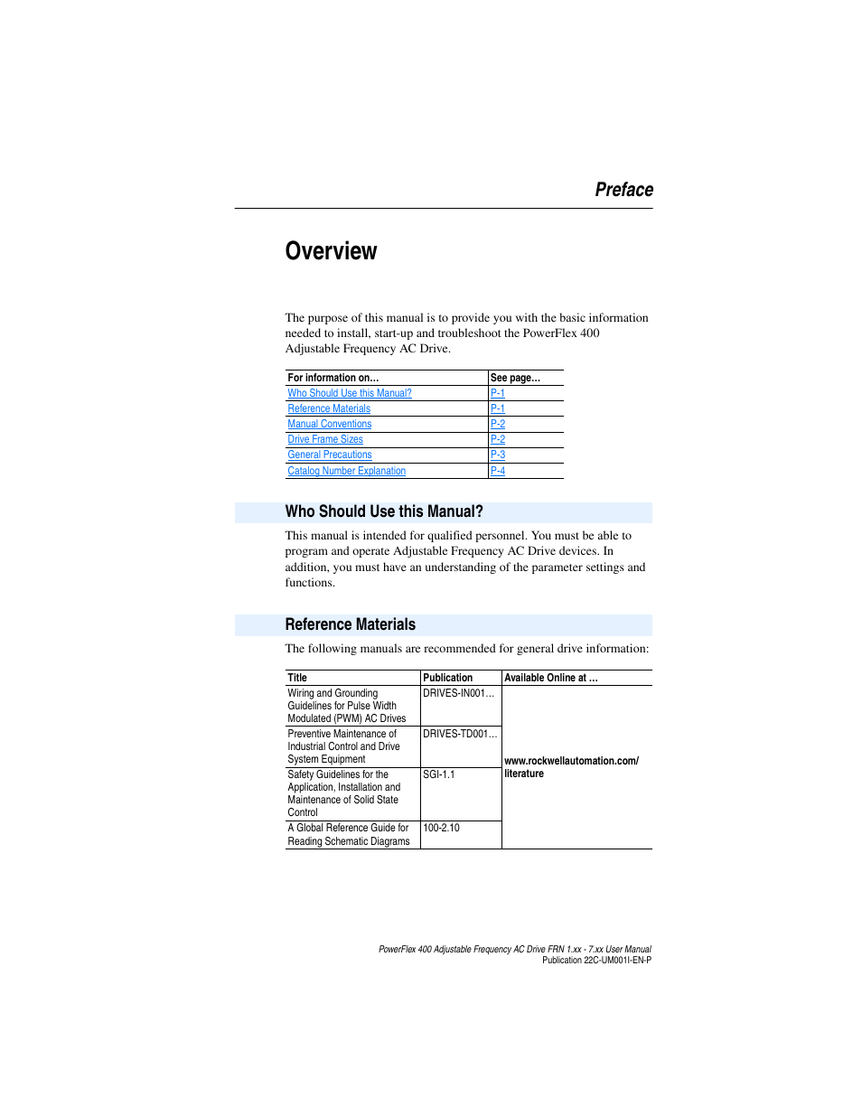 Preface, Overview, Who should use this manual | Reference materials, Who should use this manual? reference materials | Rockwell Automation 22C PowerFlex 400 AC Drive FRN 1.xx - 7.xx User Manual | Page 9 / 218