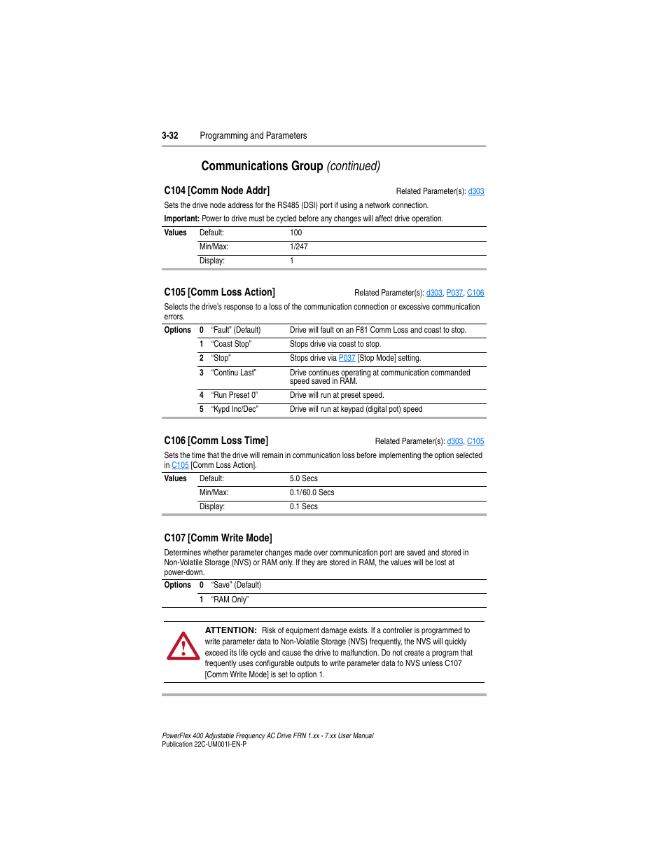 C105, Communications group (continued) | Rockwell Automation 22C PowerFlex 400 AC Drive FRN 1.xx - 7.xx User Manual | Page 90 / 218
