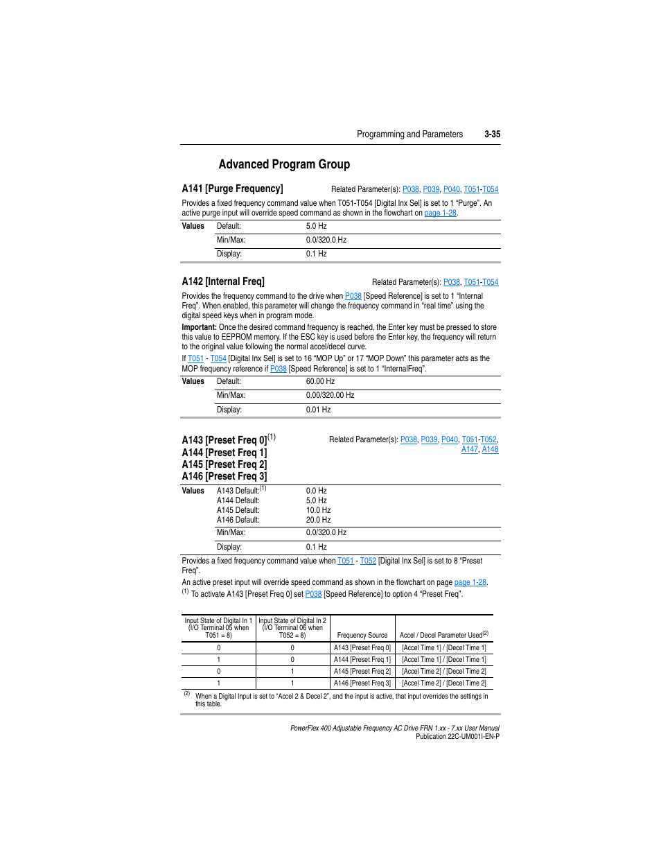 Advanced program group, Advanced program group -35, A141 | A142, A143, A146 | Rockwell Automation 22C PowerFlex 400 AC Drive FRN 1.xx - 7.xx User Manual | Page 93 / 218