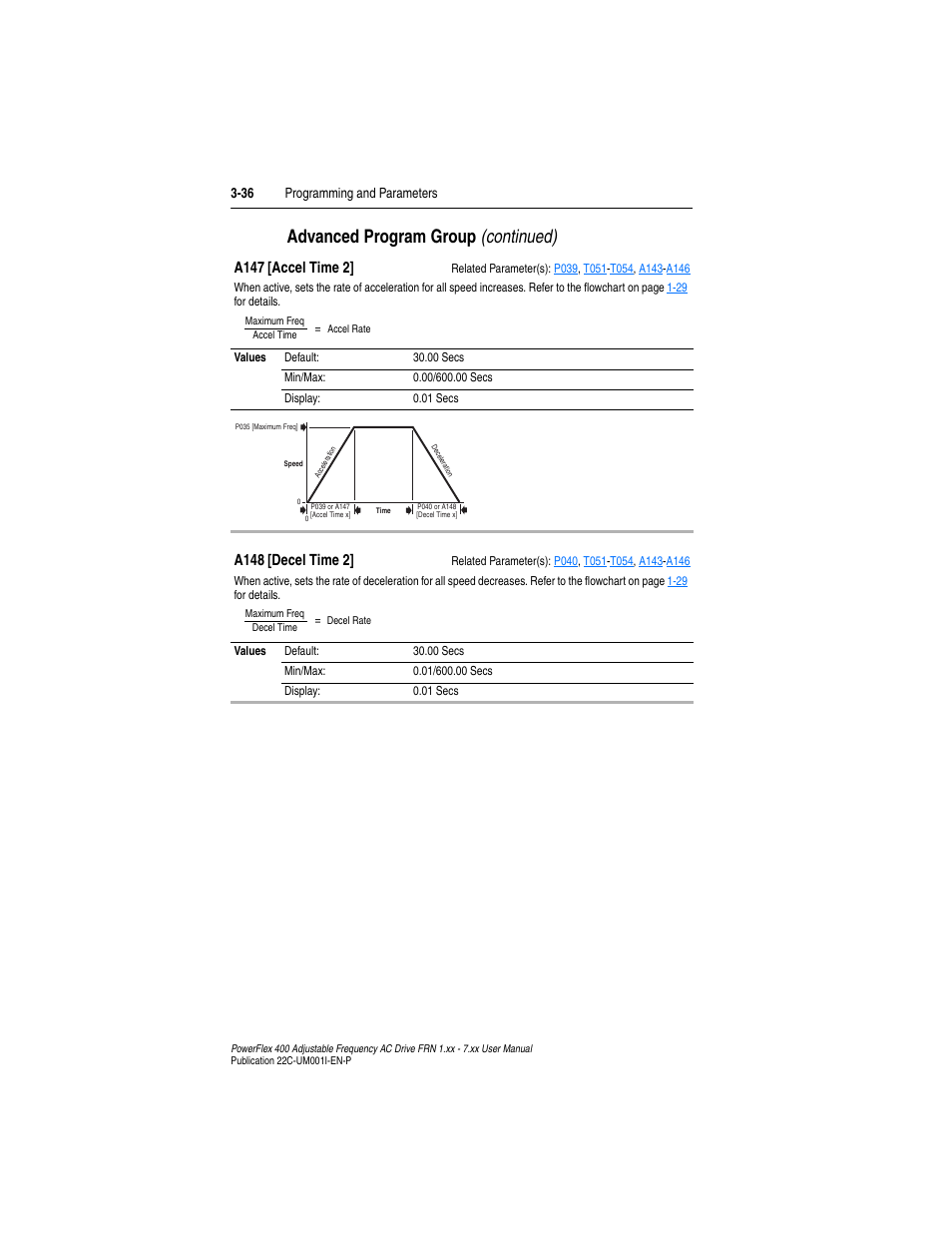 A147, A148, Advanced program group (continued) | A147 [accel time 2, A148 [decel time 2 | Rockwell Automation 22C PowerFlex 400 AC Drive FRN 1.xx - 7.xx User Manual | Page 94 / 218