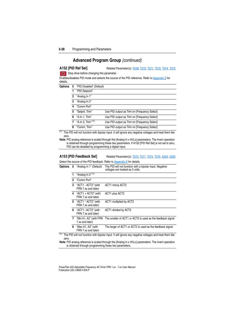 A152, Or if, A153 | Advanced program group (continued) | Rockwell Automation 22C PowerFlex 400 AC Drive FRN 1.xx - 7.xx User Manual | Page 96 / 218