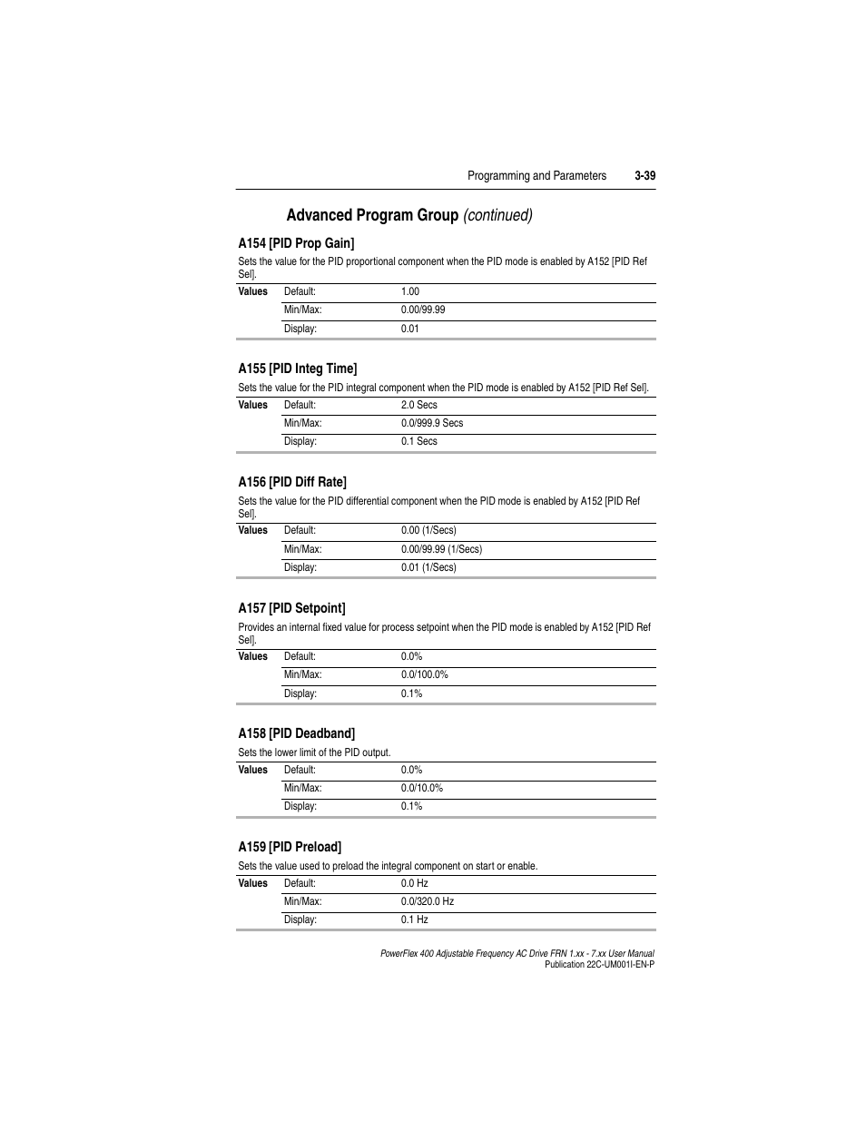 Advanced program group (continued) | Rockwell Automation 22C PowerFlex 400 AC Drive FRN 1.xx - 7.xx User Manual | Page 97 / 218