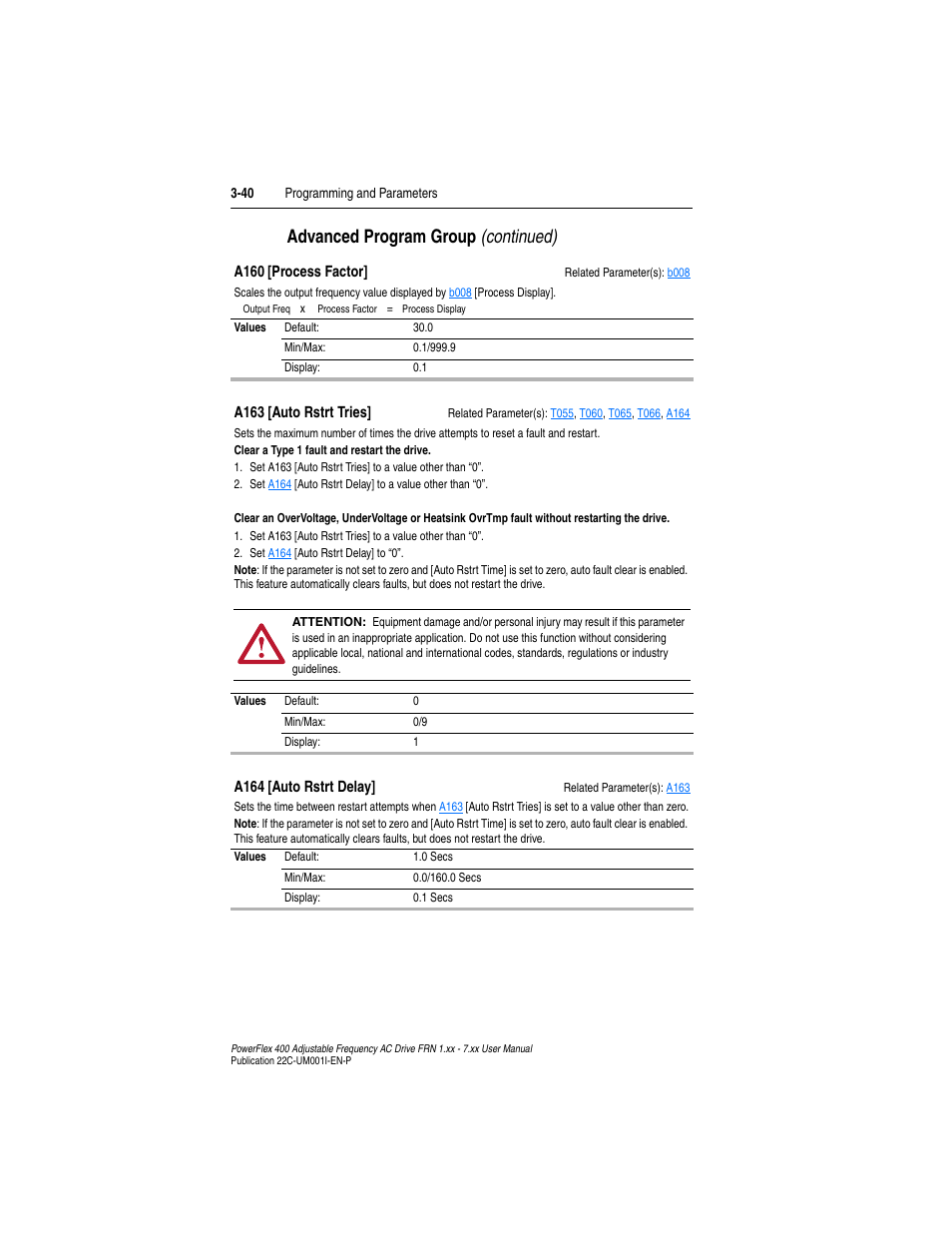 A160, A163, Advanced program group (continued) | Rockwell Automation 22C PowerFlex 400 AC Drive FRN 1.xx - 7.xx User Manual | Page 98 / 218