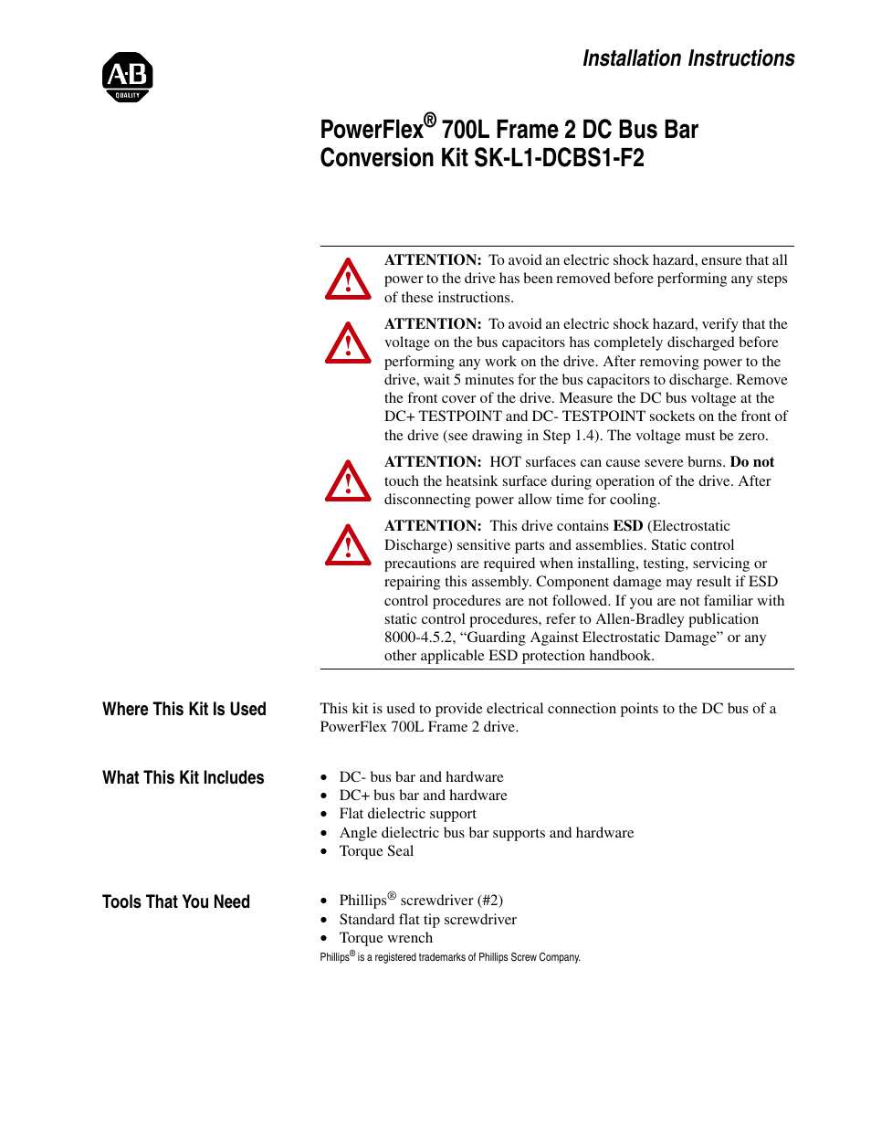 Rockwell Automation 20L PowerFlex 700L Frame 2 DC Bus Bar Conversion Kit User Manual | 8 pages