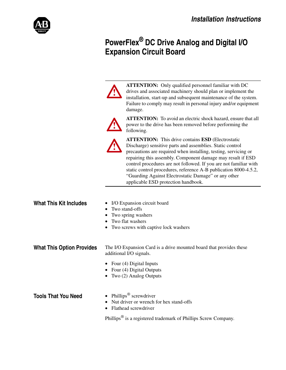 Rockwell Automation 20P PowerFlex DC Drive Analog and Digital I/O Expansion Circuit Board User Manual | 10 pages