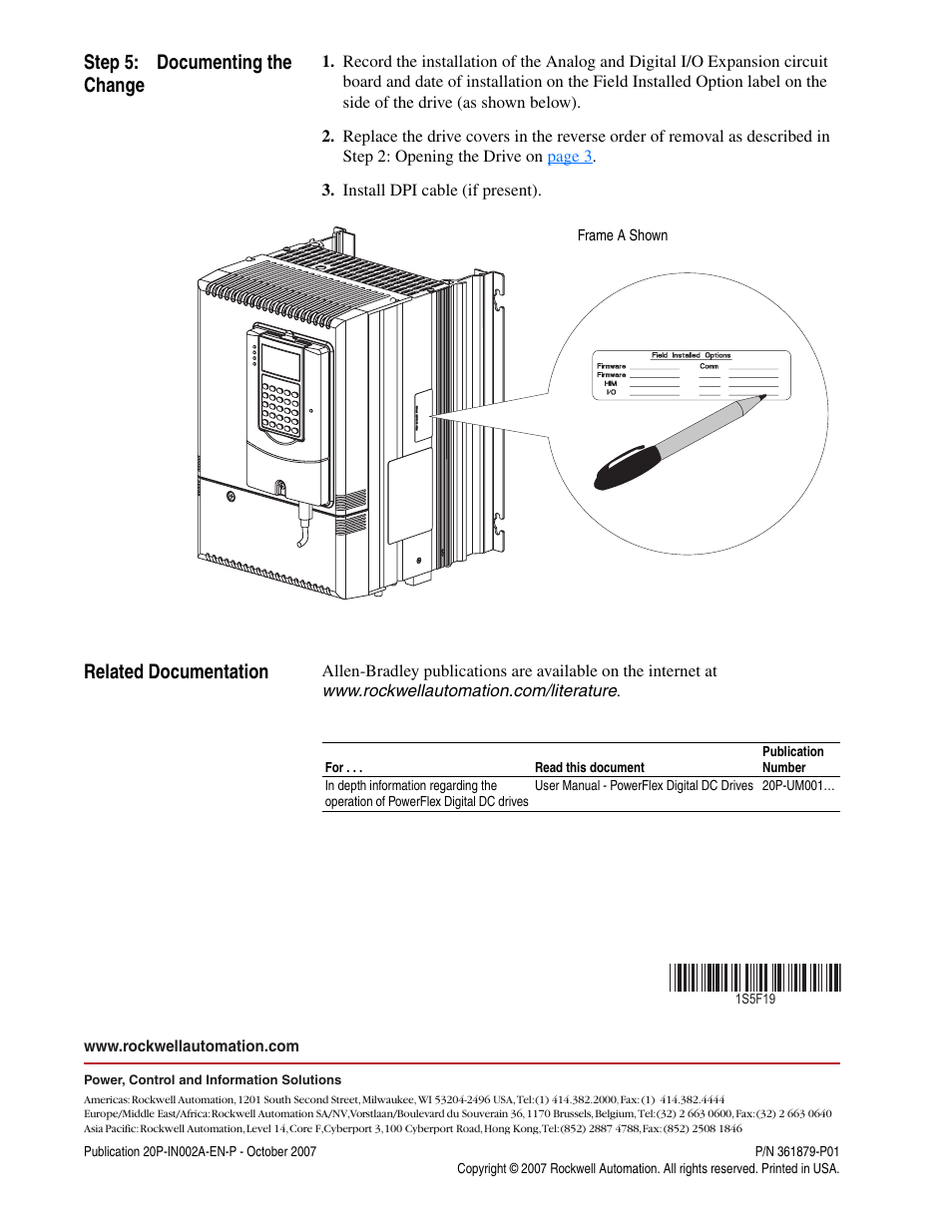 Step 5: documenting the change, Related documentation, Pub. no. - date | Rockwell Automation 20P PowerFlex DC Drive Analog and Digital I/O Expansion Circuit Board User Manual | Page 10 / 10