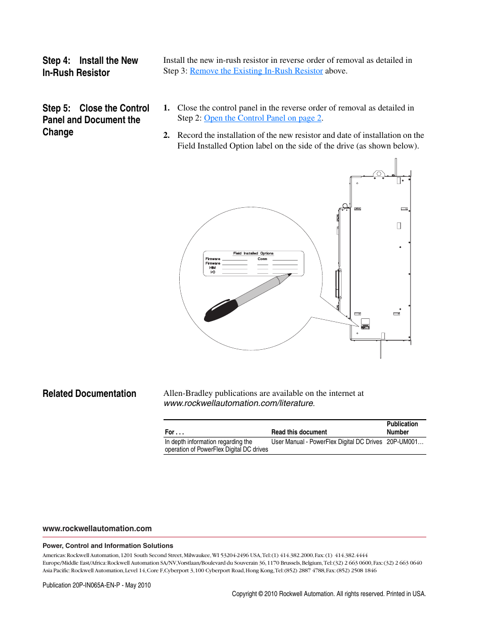 Step 4: install the new in-rush resistor, Related documentation | Rockwell Automation 20P PowerFlex DC Drive - Frame D In-Rush Limiting Resistor User Manual | Page 4 / 4