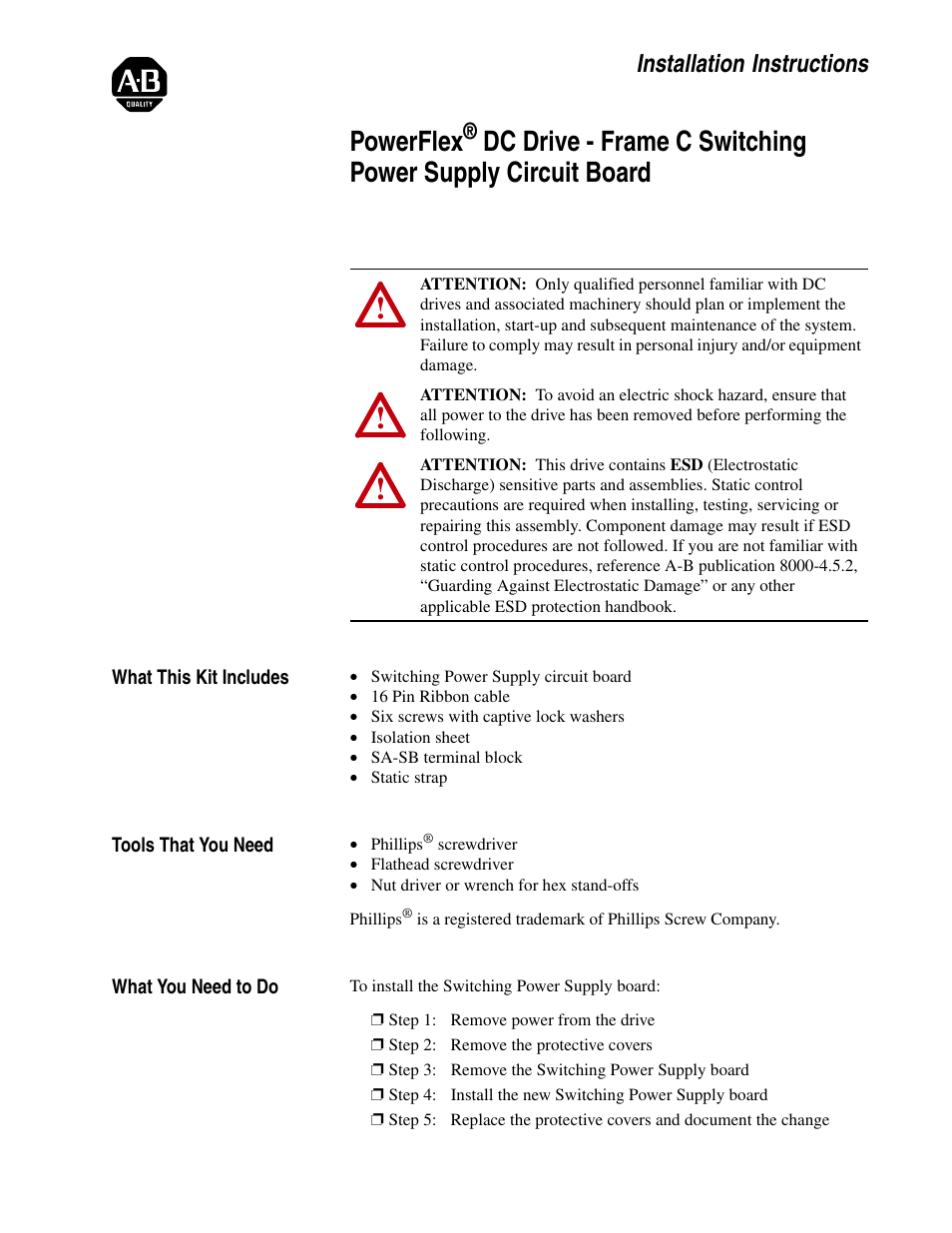 Rockwell Automation 20P PowerFlex DC Drive - Frame C Switching Power Supply Circuit Board User Manual | 8 pages