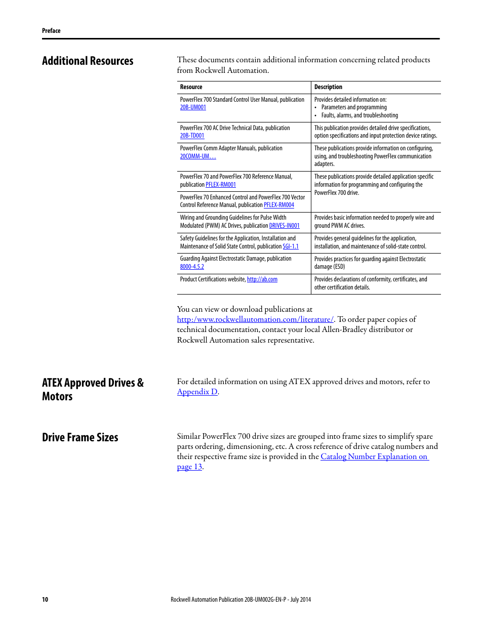 Additional resources, Atex approved drives & motors, Drive frame sizes | Rockwell Automation 20B PowerFlex 700 AC Drives Vector Control (v4.001 and up) User Manual | Page 10 / 166