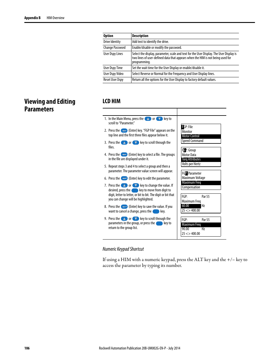 Viewing and editing parameters, Lcd him, Numeric keypad shortcut | Rockwell Automation 20B PowerFlex 700 AC Drives Vector Control (v4.001 and up) User Manual | Page 106 / 166