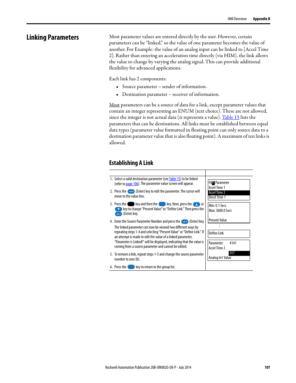 Linking parameters, Establishing a link | Rockwell Automation 20B PowerFlex 700 AC Drives Vector Control (v4.001 and up) User Manual | Page 107 / 166