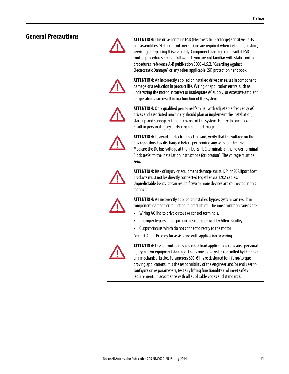 General precautions | Rockwell Automation 20B PowerFlex 700 AC Drives Vector Control (v4.001 and up) User Manual | Page 11 / 166