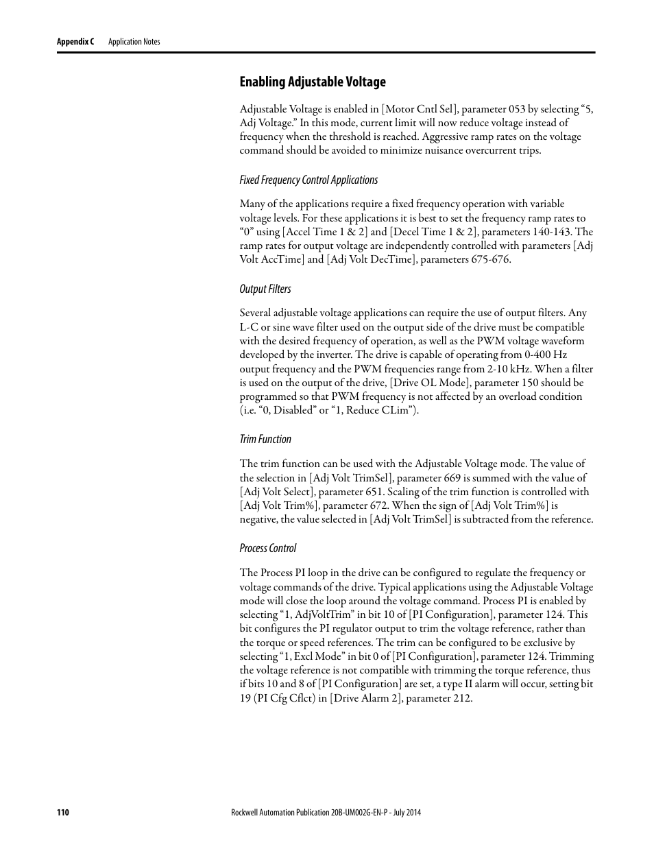 Enabling adjustable voltage | Rockwell Automation 20B PowerFlex 700 AC Drives Vector Control (v4.001 and up) User Manual | Page 110 / 166