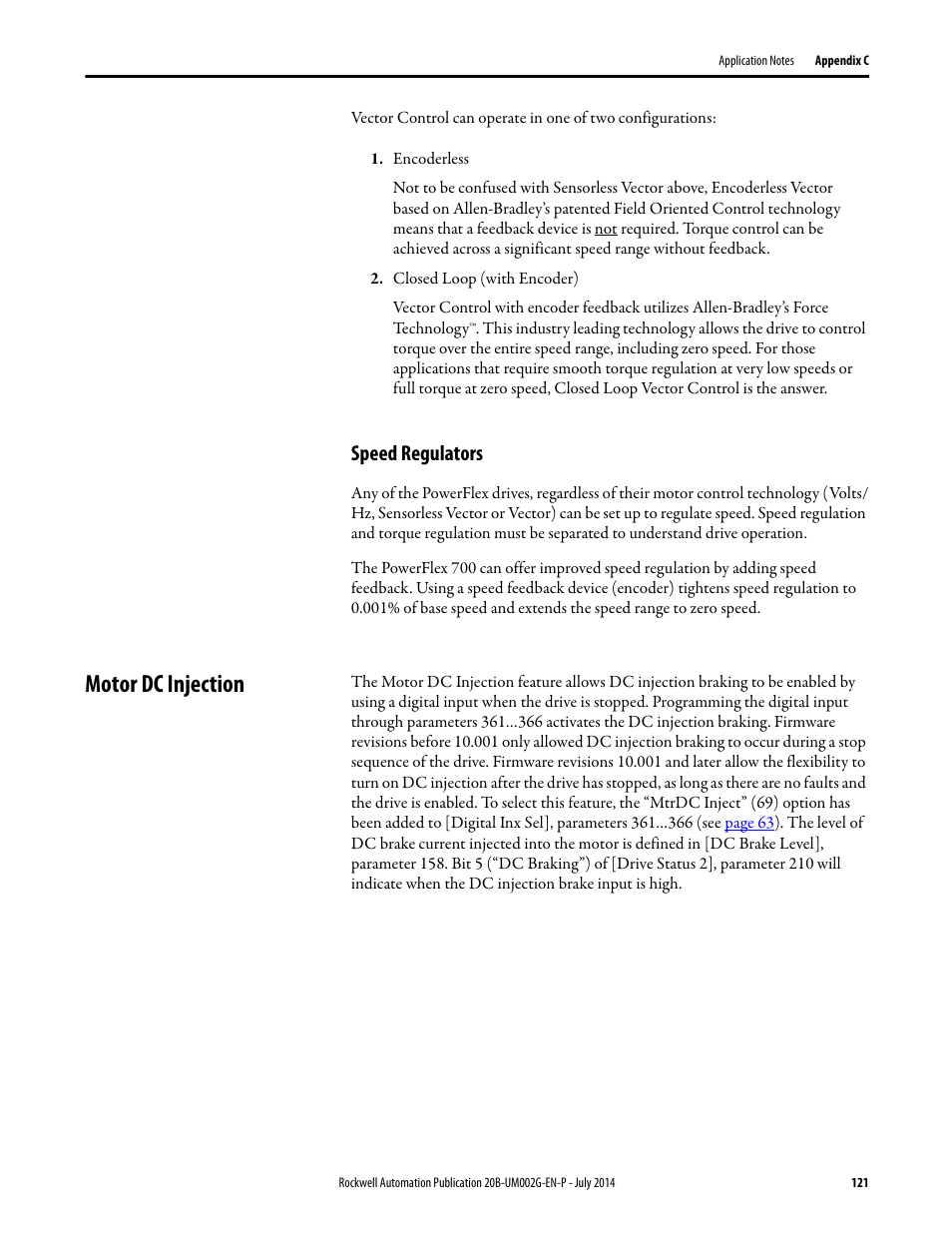 Speed regulators, Motor dc injection | Rockwell Automation 20B PowerFlex 700 AC Drives Vector Control (v4.001 and up) User Manual | Page 121 / 166