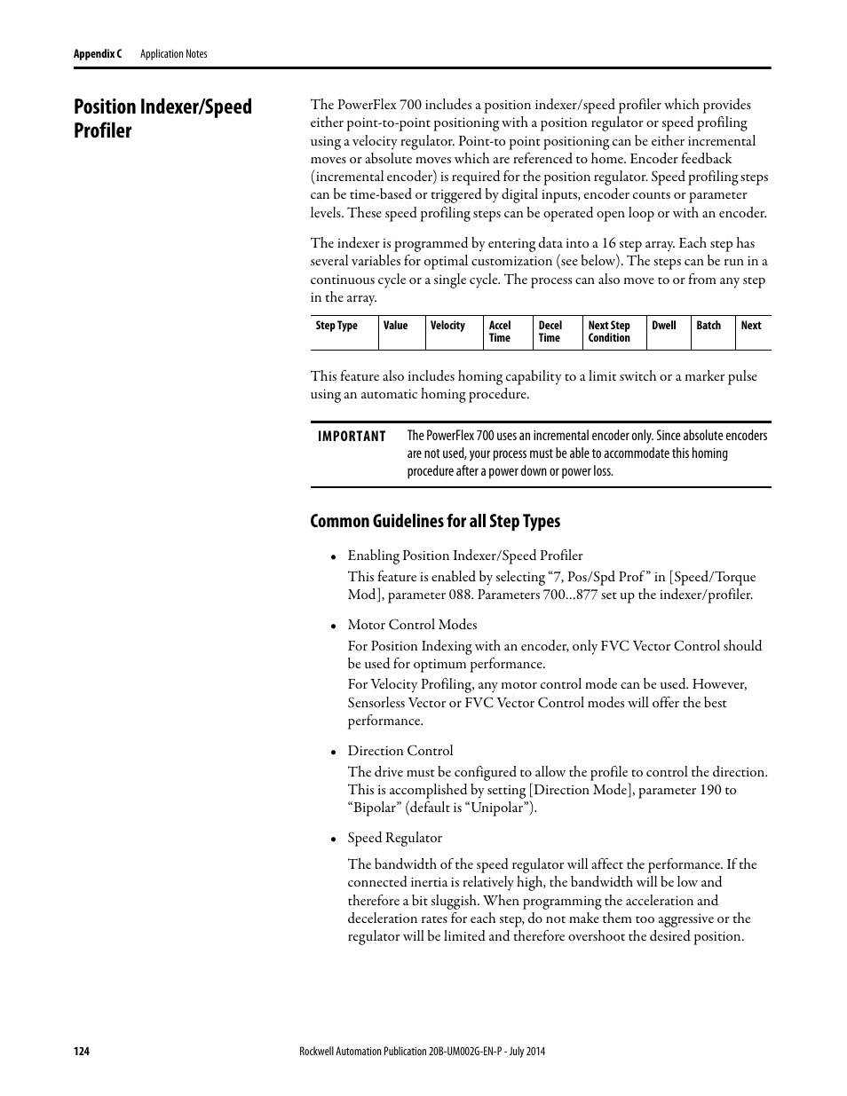 Position indexer/speed profiler, Common guidelines for all step types | Rockwell Automation 20B PowerFlex 700 AC Drives Vector Control (v4.001 and up) User Manual | Page 124 / 166