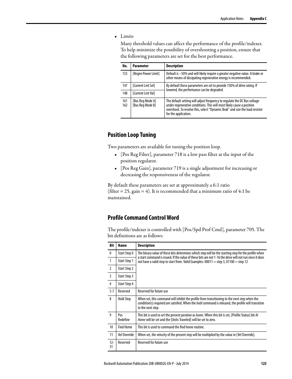 Position loop tuning, Profile command control word, Position loop tuning profile command control word | Rockwell Automation 20B PowerFlex 700 AC Drives Vector Control (v4.001 and up) User Manual | Page 125 / 166