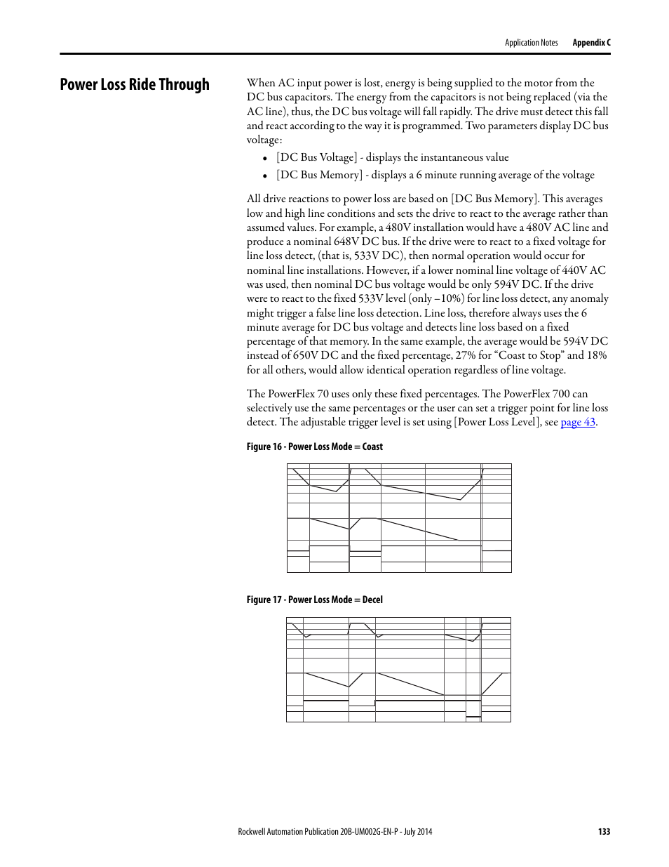 Power loss ride through | Rockwell Automation 20B PowerFlex 700 AC Drives Vector Control (v4.001 and up) User Manual | Page 133 / 166