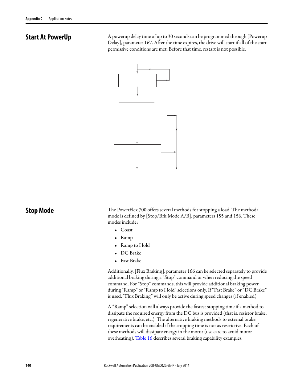 Start at powerup, Stop mode, Start at powerup stop mode | Rockwell Automation 20B PowerFlex 700 AC Drives Vector Control (v4.001 and up) User Manual | Page 140 / 166