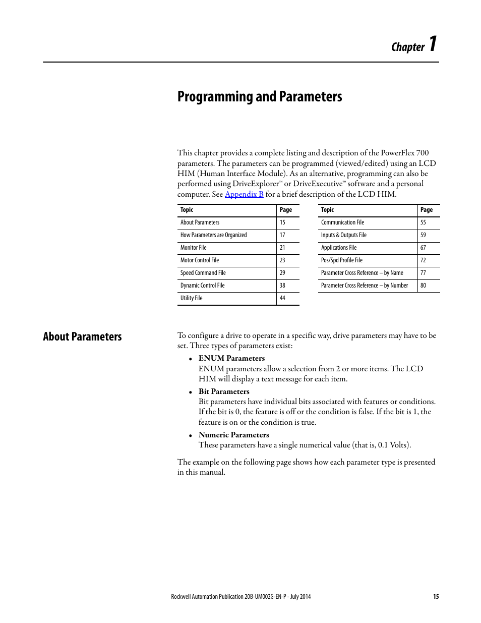 Chapter 1 - programming and parameters, About parameters, Chapter 1 | Programming and parameters, Chapter | Rockwell Automation 20B PowerFlex 700 AC Drives Vector Control (v4.001 and up) User Manual | Page 15 / 166