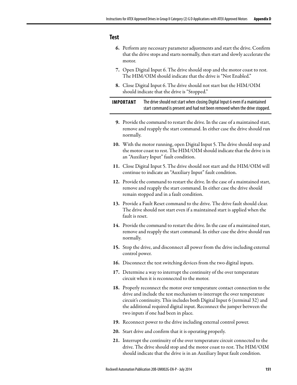 Test | Rockwell Automation 20B PowerFlex 700 AC Drives Vector Control (v4.001 and up) User Manual | Page 151 / 166