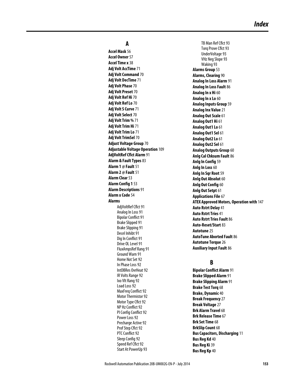 Index | Rockwell Automation 20B PowerFlex 700 AC Drives Vector Control (v4.001 and up) User Manual | Page 153 / 166