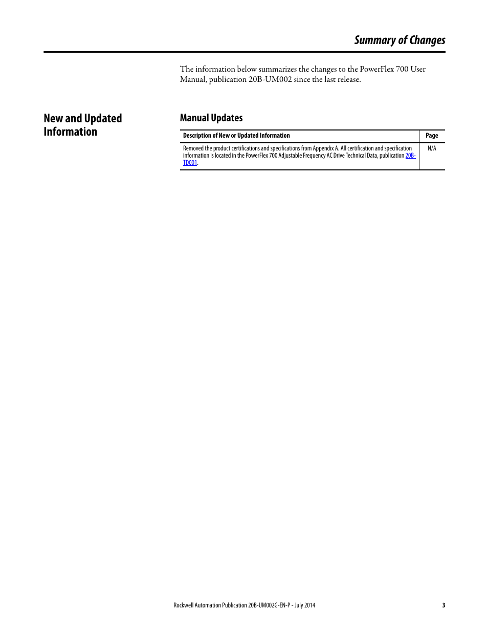 Summary of changes, New and updated information, Manual updates | Rockwell Automation 20B PowerFlex 700 AC Drives Vector Control (v4.001 and up) User Manual | Page 3 / 166