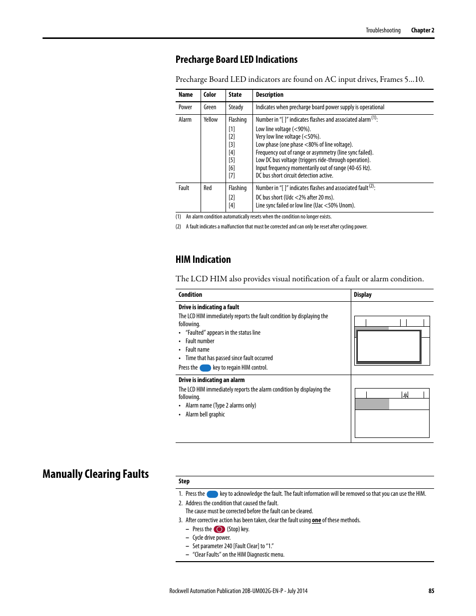 Precharge board led indications, Him indication, Manually clearing faults | Precharge board led indications him indication | Rockwell Automation 20B PowerFlex 700 AC Drives Vector Control (v4.001 and up) User Manual | Page 85 / 166