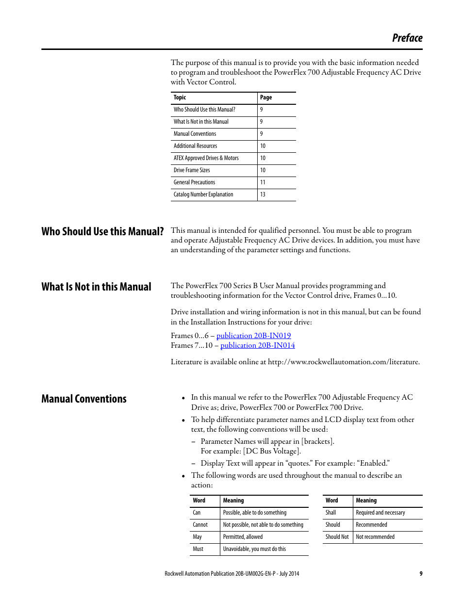 Preface, Who should use this manual, What is not in this manual | Manual conventions | Rockwell Automation 20B PowerFlex 700 AC Drives Vector Control (v4.001 and up) User Manual | Page 9 / 166