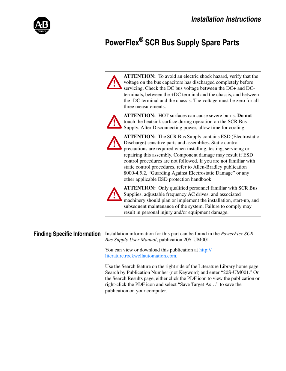 Rockwell Automation 20S PowerFlex SCR Bus Supply Spare Parts User Manual | 2 pages