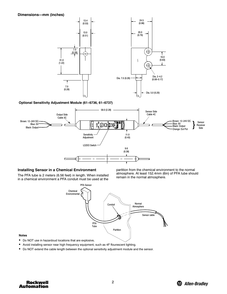 2dimensions—mm (inches), Installing sensor in a chemical environment | Rockwell Automation 42KF-T1JNTN-A3_D1KNTH-A3 PHOTOSWITCH User Manual | Page 2 / 4