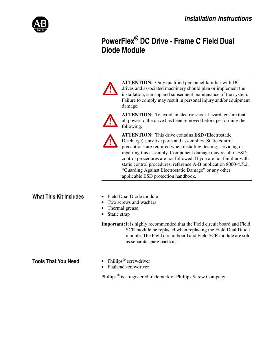 Rockwell Automation 20P PowerFlex DC Drive - Frame C Field Dual Diode Module User Manual | 10 pages