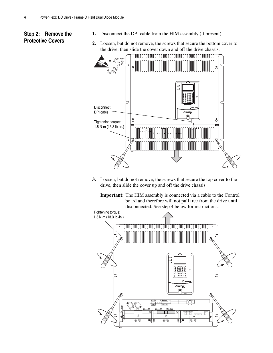 Step 2: remove the protective covers | Rockwell Automation 20P PowerFlex DC Drive - Frame C Field Dual Diode Module User Manual | Page 4 / 10