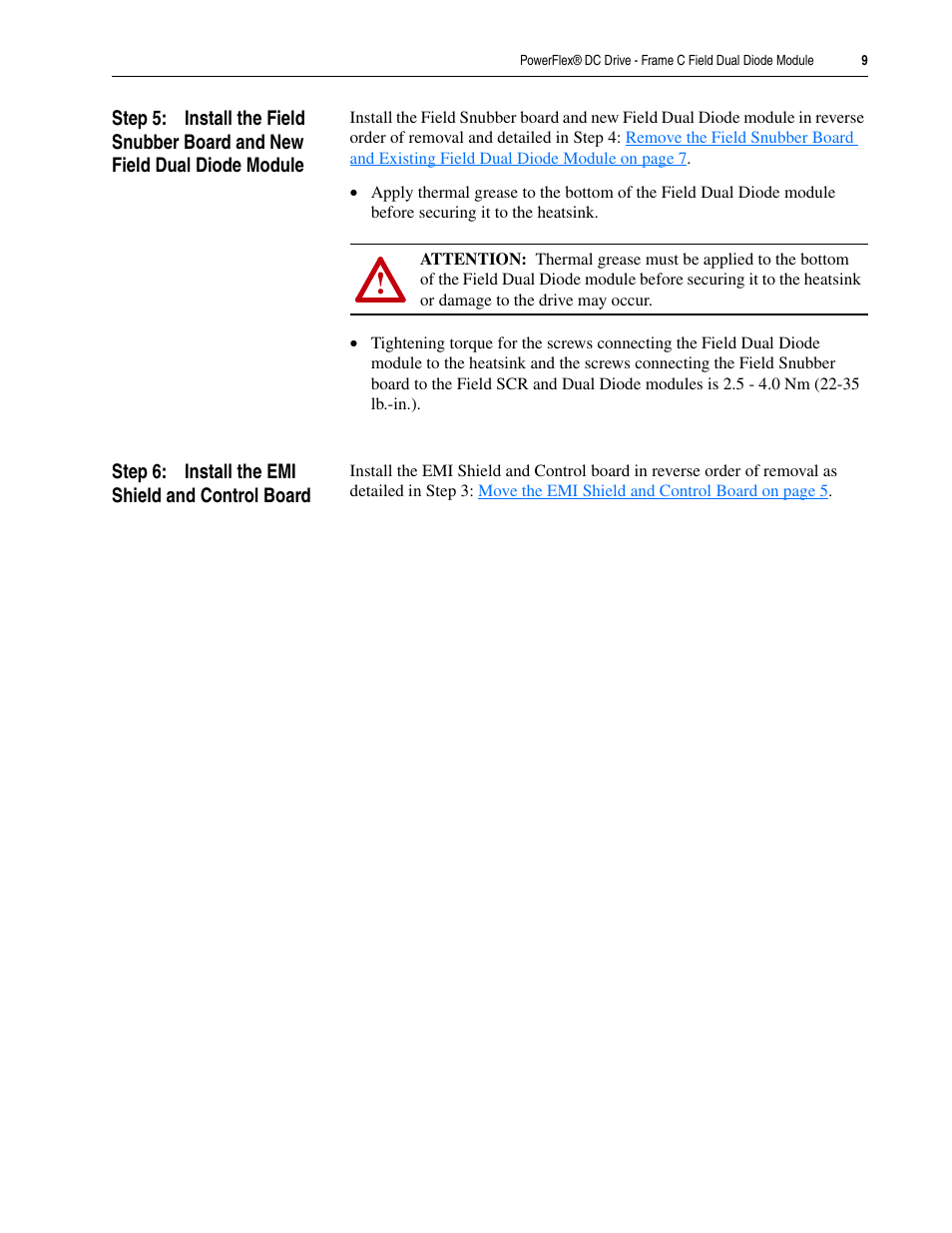 Step 6: install the emi shield and control board | Rockwell Automation 20P PowerFlex DC Drive - Frame C Field Dual Diode Module User Manual | Page 9 / 10