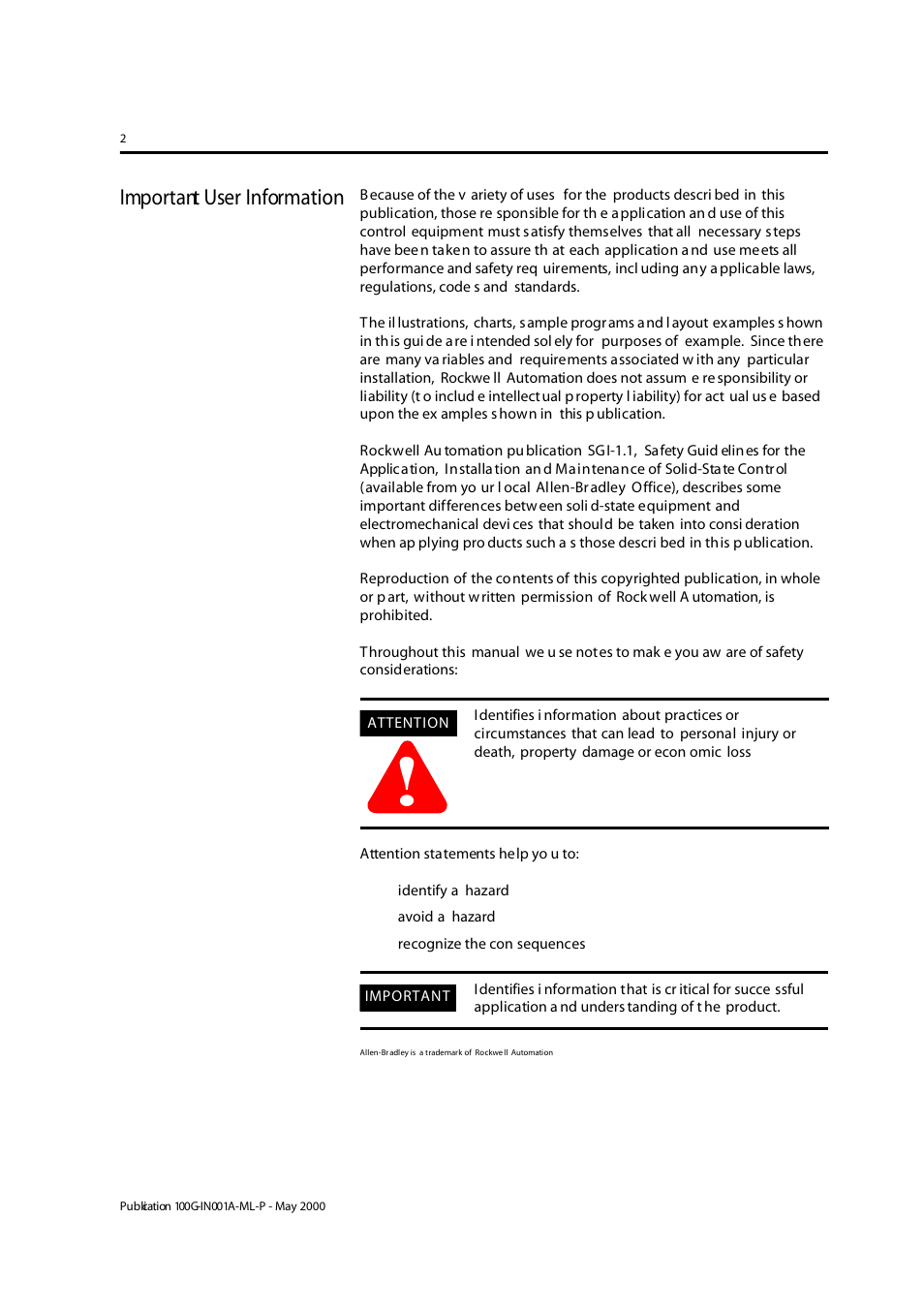 Important user information | Rockwell Automation 100 G550...G860 Contactors User Manual | Page 2 / 16
