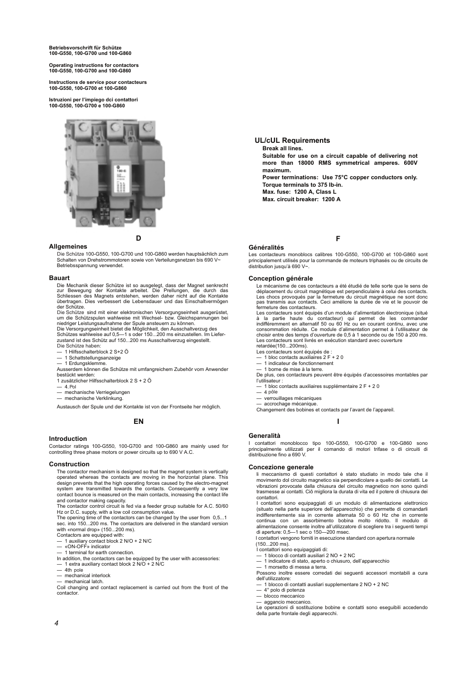 Ul/cul requirements | Rockwell Automation 100 G550...G860 Contactors User Manual | Page 4 / 16