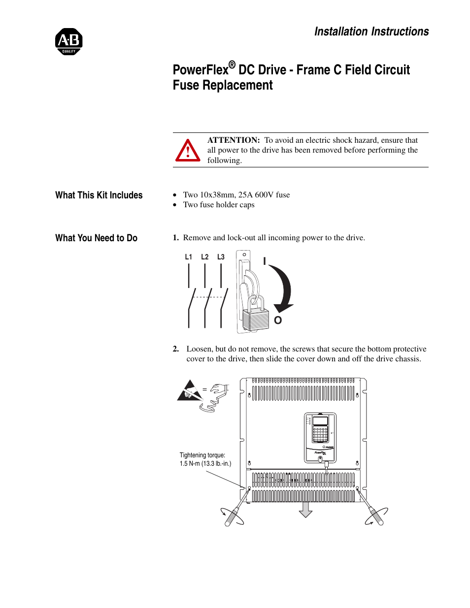 Rockwell Automation 20P PowerFlex DC Drive - Frame C Field Circuit Fuse Replacement User Manual | 2 pages