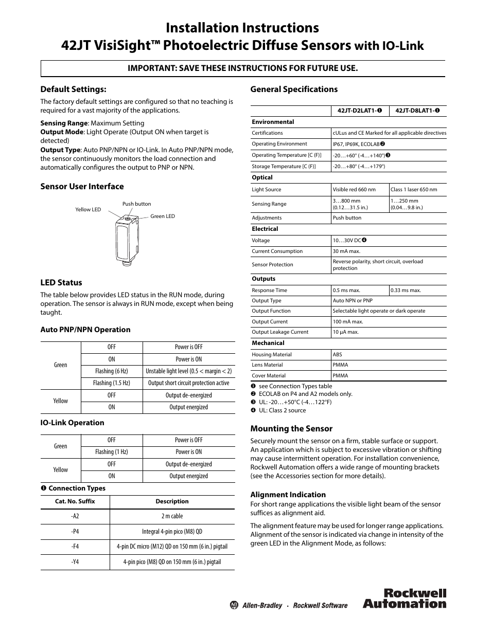Rockwell Automation 42JT-D2LAT1_D8LAT1 VisiSight Photoelectric Diffuse Sensors User Manual | 4 pages