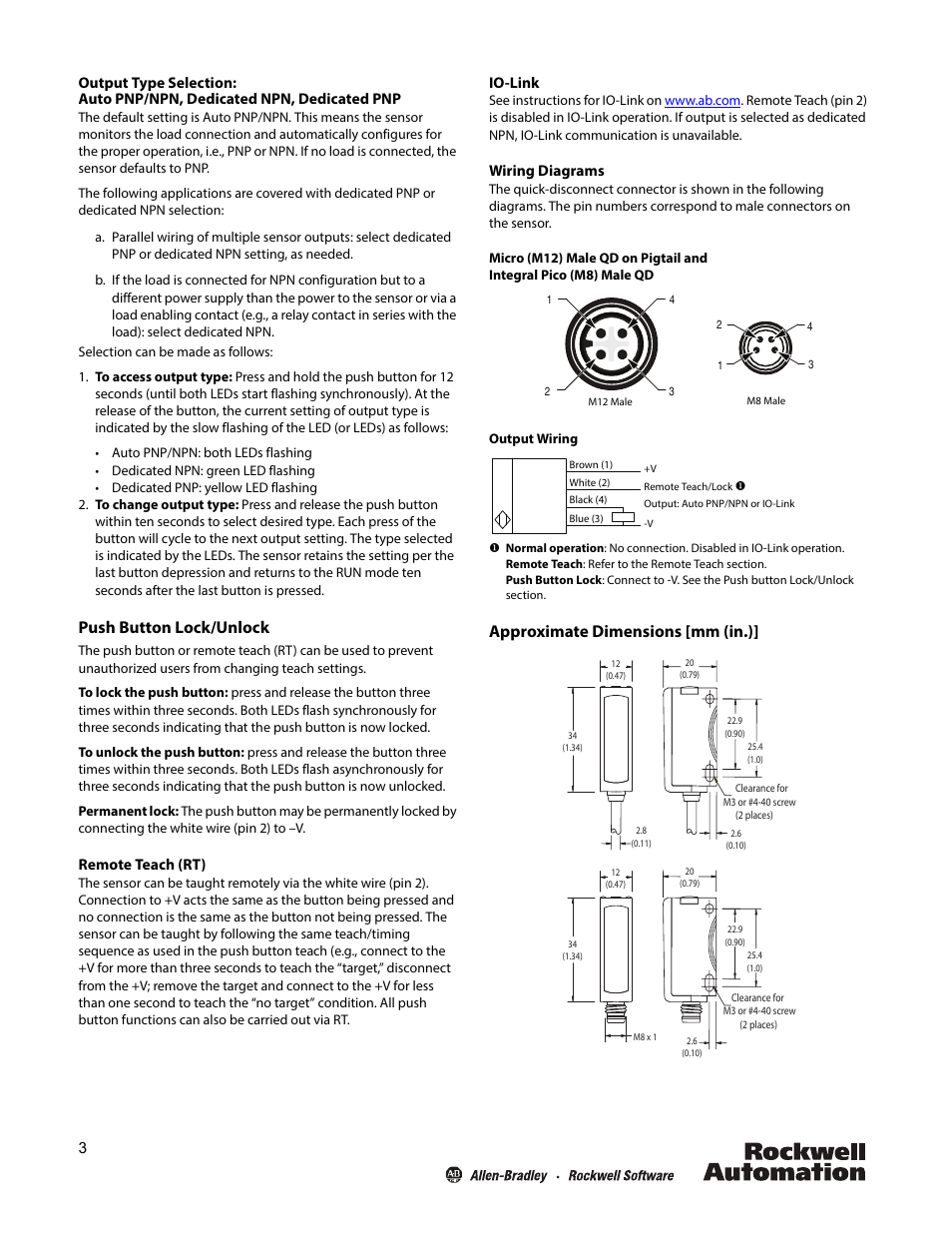 Push button lock/unlock, Approximate dimensions [mm (in.) | Rockwell Automation 42JT-D2LAT1_D8LAT1 VisiSight Photoelectric Diffuse Sensors User Manual | Page 3 / 4