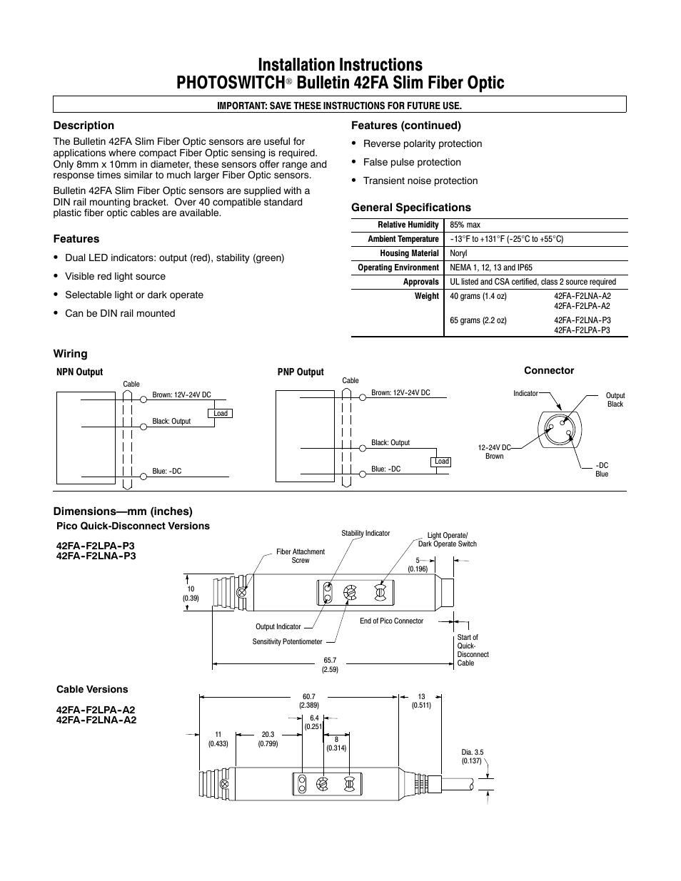 Rockwell Automation 42FA PHOTOSWITCH Slim Fiber Optic User Manual | 2 pages