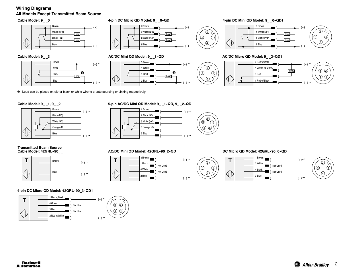 2wiring diagrams | Rockwell Automation 42G PHOTOSWITCH Series 9000 On/Off and Timing Photoelectric Sensors User Manual | Page 2 / 8