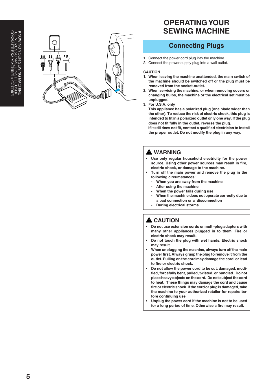 Operating your sewing machine, Connecting plugs, Warning | Caution | Brother Sewing Manching User Manual | Page 14 / 90