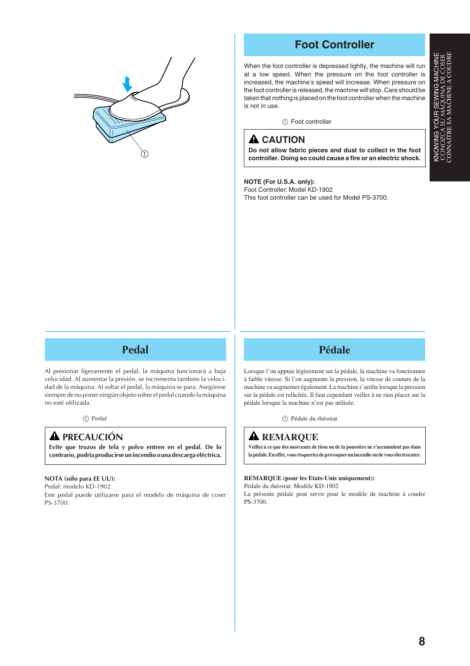 Pédale, Foot controller, Pedal | Remarque, Caution, Precaución | Brother Sewing Manching User Manual | Page 17 / 90
