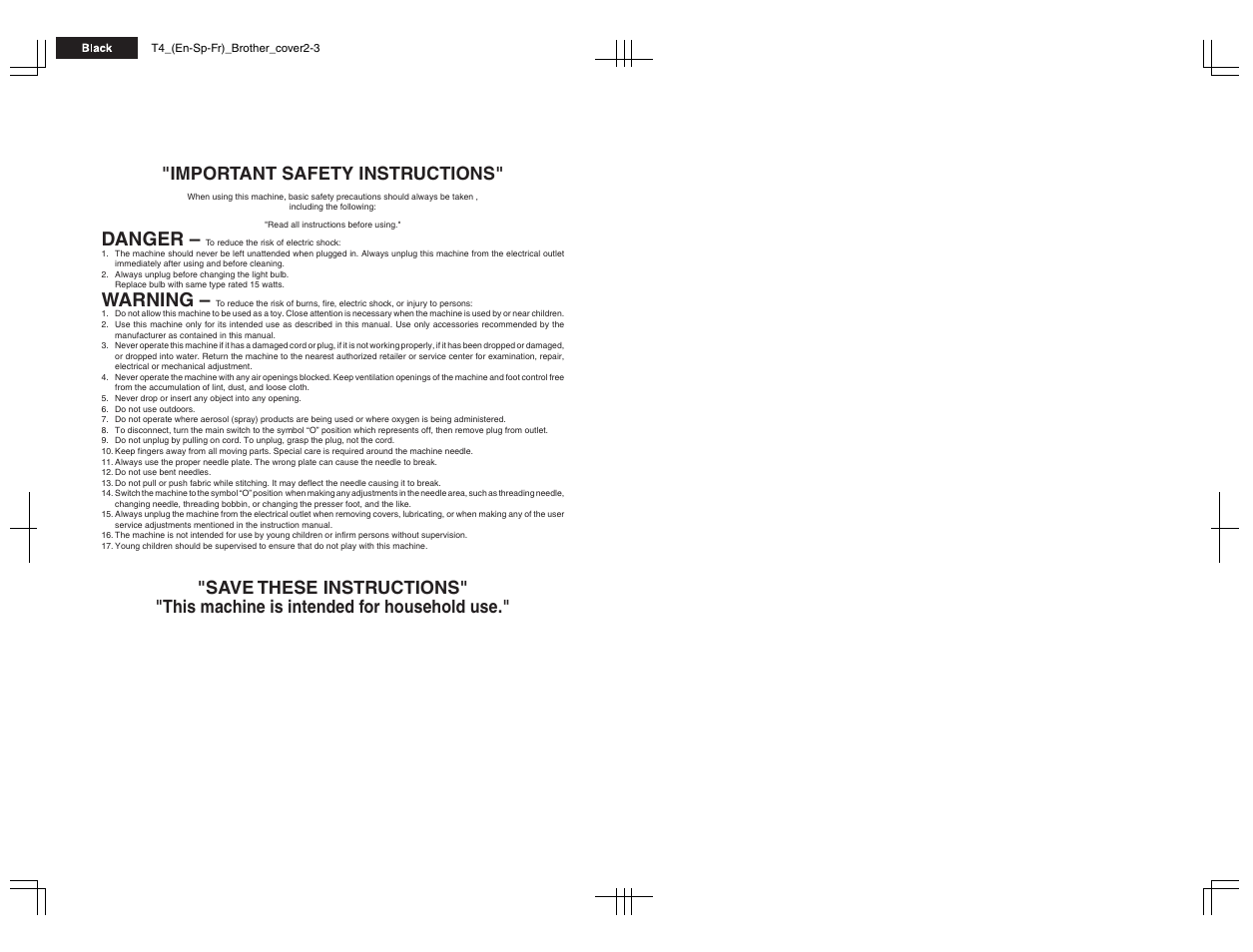 Danger, Warning, Important safety instructions | Brother Sewing Manching User Manual | Page 2 / 90