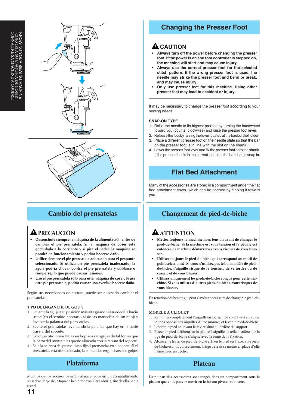 Changing the presser foot, Flat bed attachment, Cambio del prensatelas | Plataforma, Changement de pied-de-biche, Plateau, Caution, Precaución, Attention | Brother Sewing Manching User Manual | Page 20 / 90