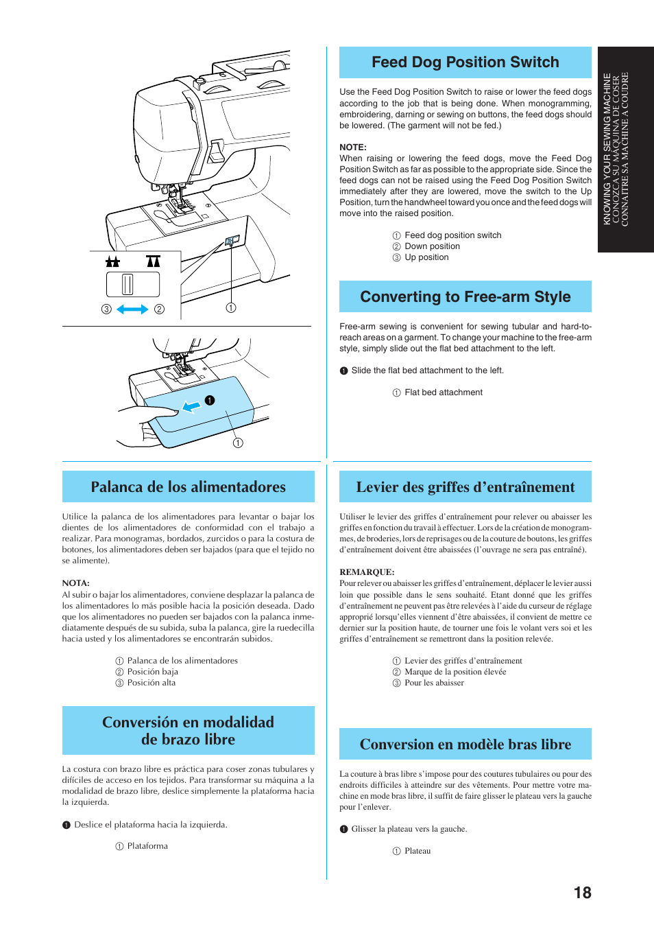 Feed dog position switch, Converting to free-arm style, Palanca de los alimentadores | Conversión en modalidad de brazo libre, Levier des griffes d’entraînement, Conversion en modèle bras libre | Brother Sewing Manching User Manual | Page 27 / 90