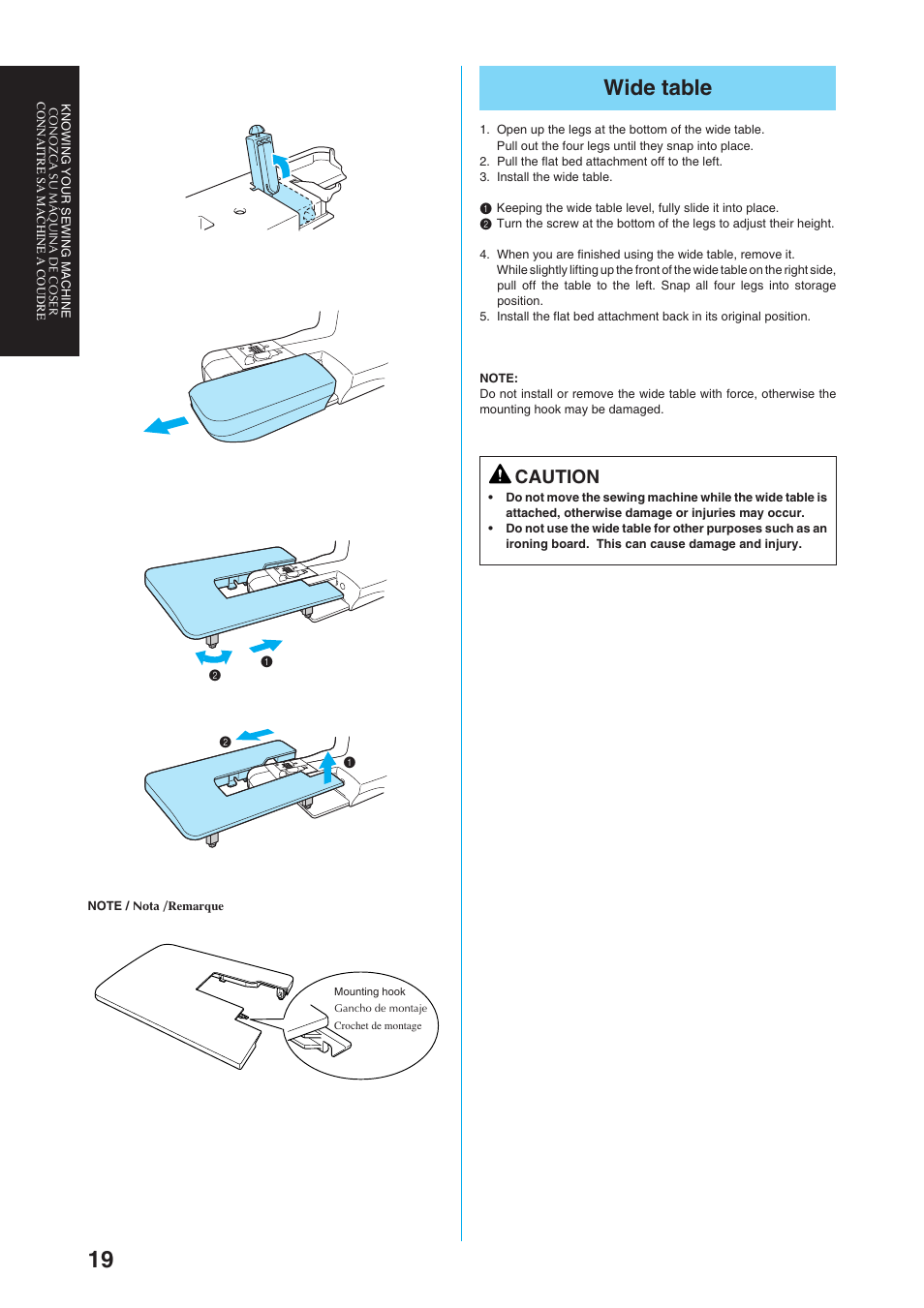 Wide table, Caution | Brother Sewing Manching User Manual | Page 28 / 90