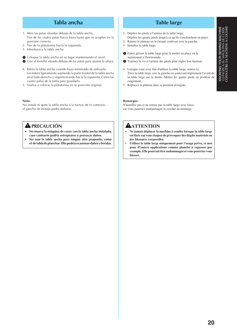 Tabla ancha, Table large, Precaución | Attention | Brother Sewing Manching User Manual | Page 29 / 90