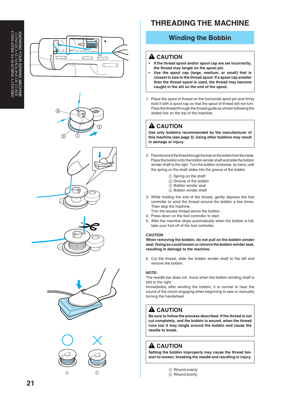 Threading the machine, Winding the bobbin, Caution | Brother Sewing Manching User Manual | Page 30 / 90