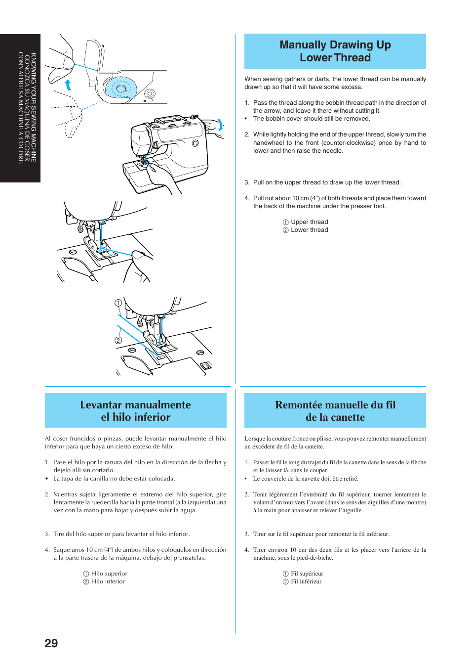 Manually drawing up lower thread, Levantar manualmente el hilo inferior, Remontée manuelle du fil de la canette | Brother Sewing Manching User Manual | Page 38 / 90